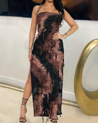 Halterneck Slit-Detail Long-Sleeve Maxi Dress