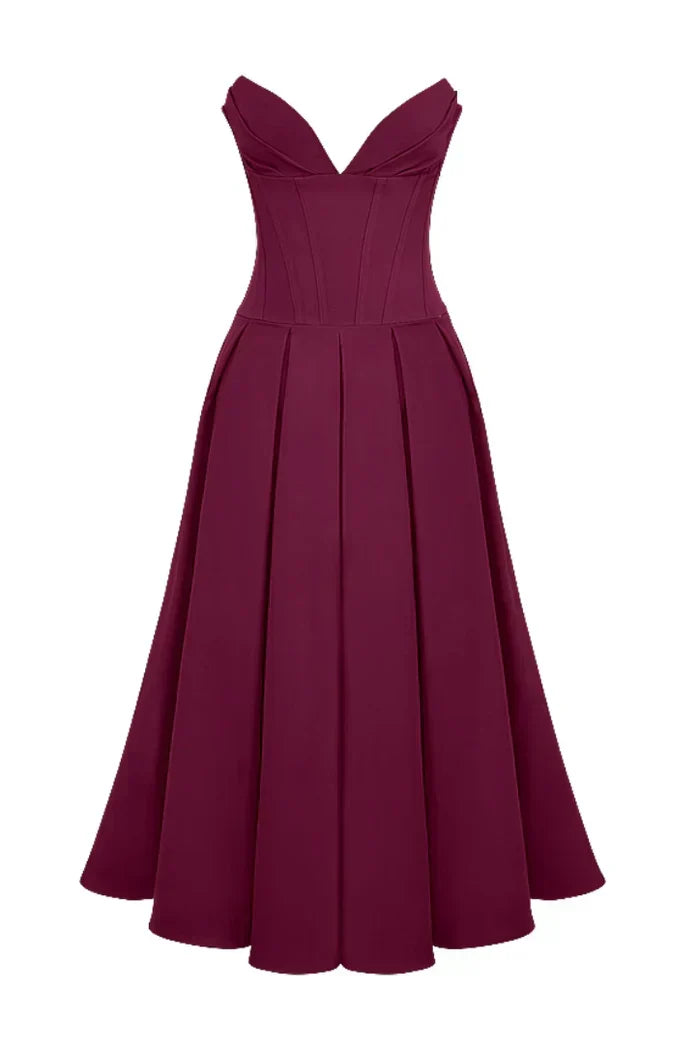 Corset-Style Pleated Midi Dress with an Off-Shoulder Neck