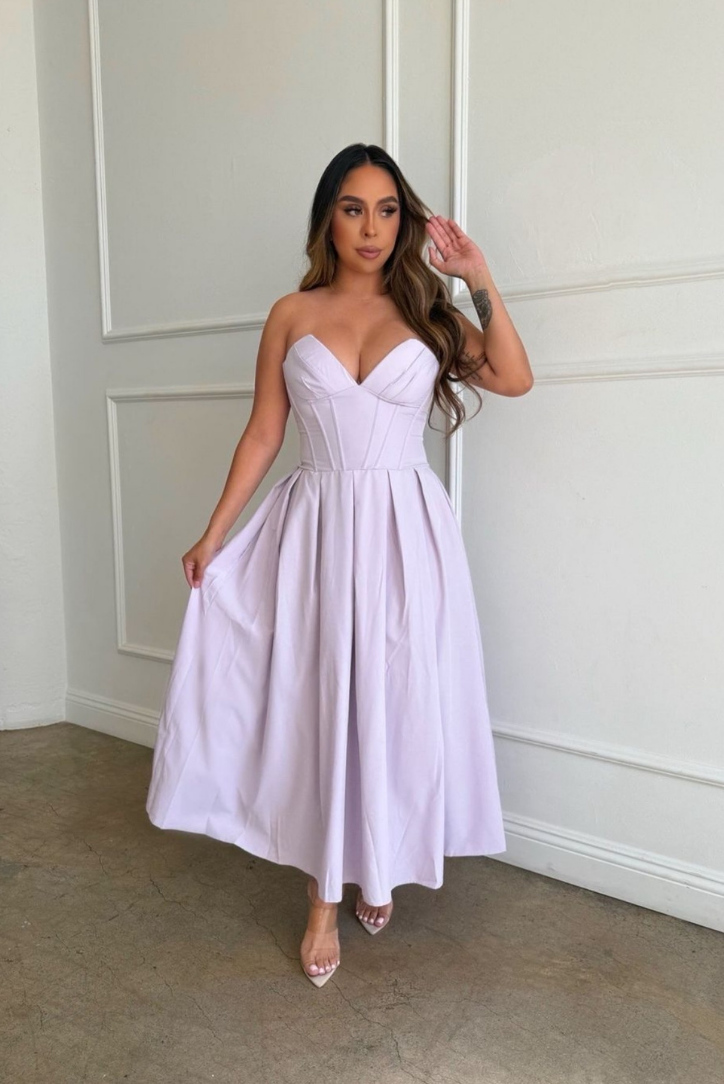 Corset-Style Pleated Midi Dress with an Off-Shoulder Neck