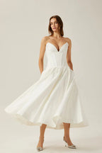 Corset-Style Pleated Midi Dress with an Off-Shoulder Neck