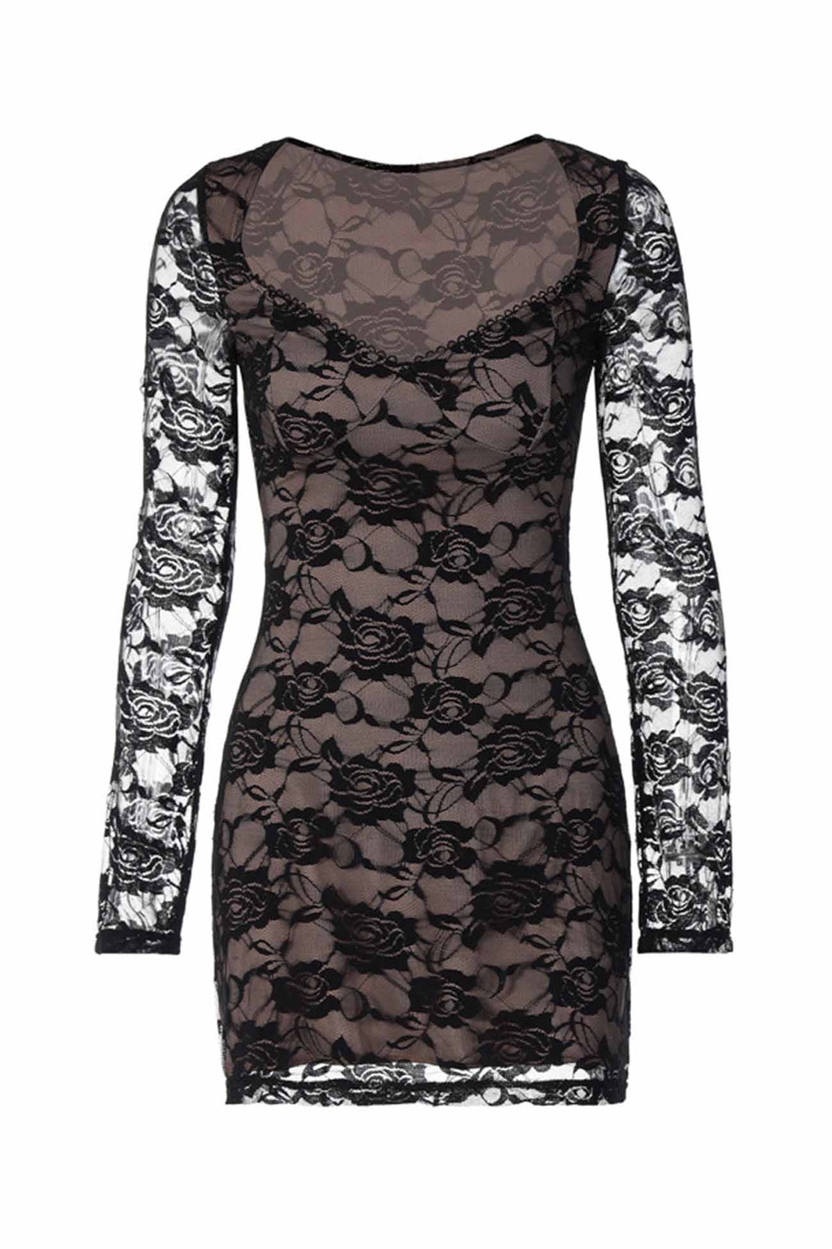 Lace Long-Sleeve Mini Dress with Cutout Details
