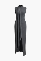 High-Neck Wrap-Style Sleeveless Maxi Dress with a Split Detail