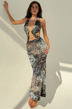Snake-Print Sheer Maxi Dress with Cutout Details
