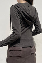 Gray Cropped Hooded Hoodie with a Front Zip