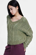 Cable-Knit Long-Sleeve Sweater with a V-Neck