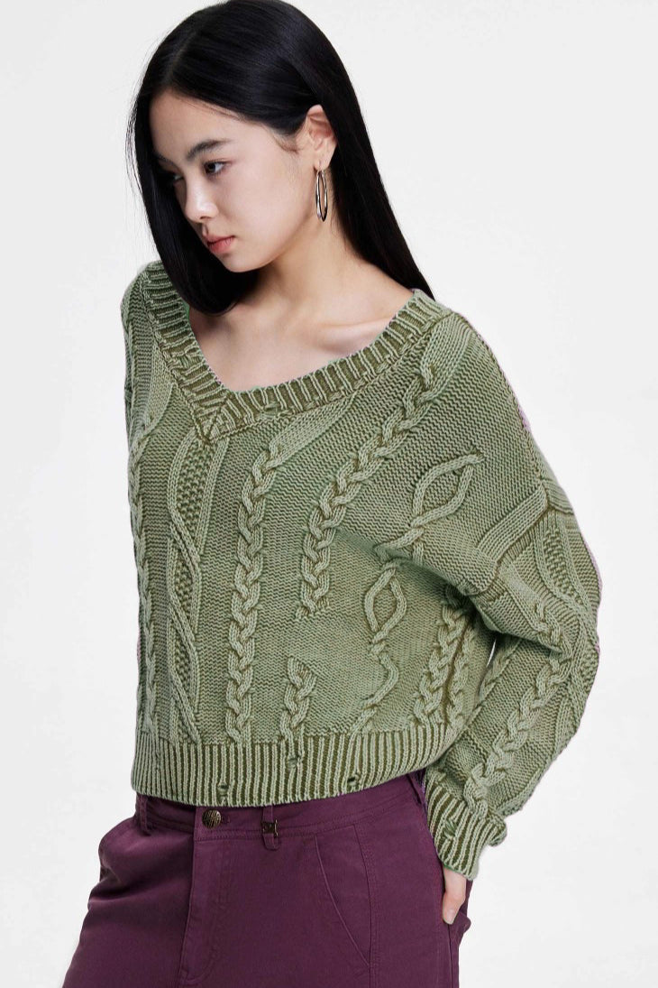 Cable-Knit Long-Sleeve Sweater with a V-Neck