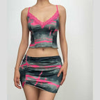 Tie-Dye Lace Strappy Top & Skirt Set with a V-Neck
