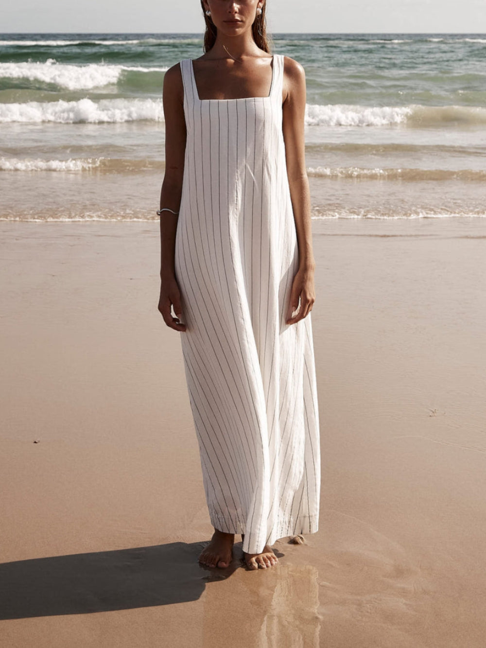 Maxi Dress - White with Charcoal Pinstripe