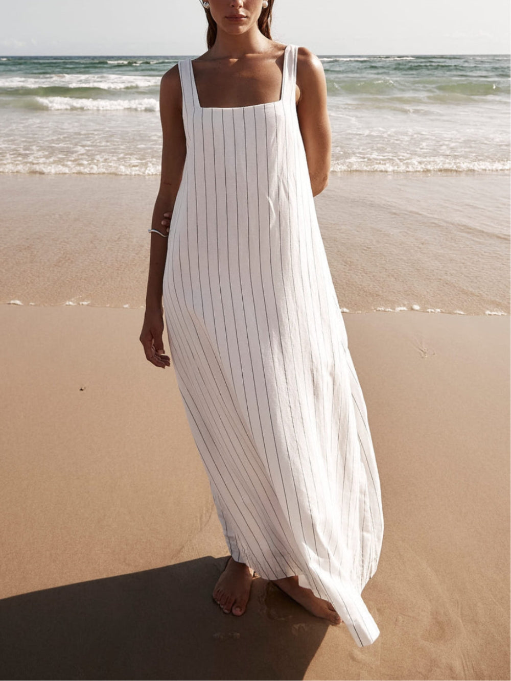 Maxi Dress - White with Charcoal Pinstripe