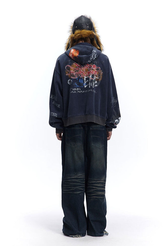 Graffiti-Graphic Oversized Zip Hoodie