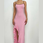 Scoop-Neck Strappy Ruffled Maxi Dress with an Open Back