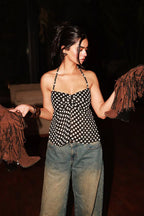Polka-Dot Cropped Ruched Crop Top with a Halter Neck