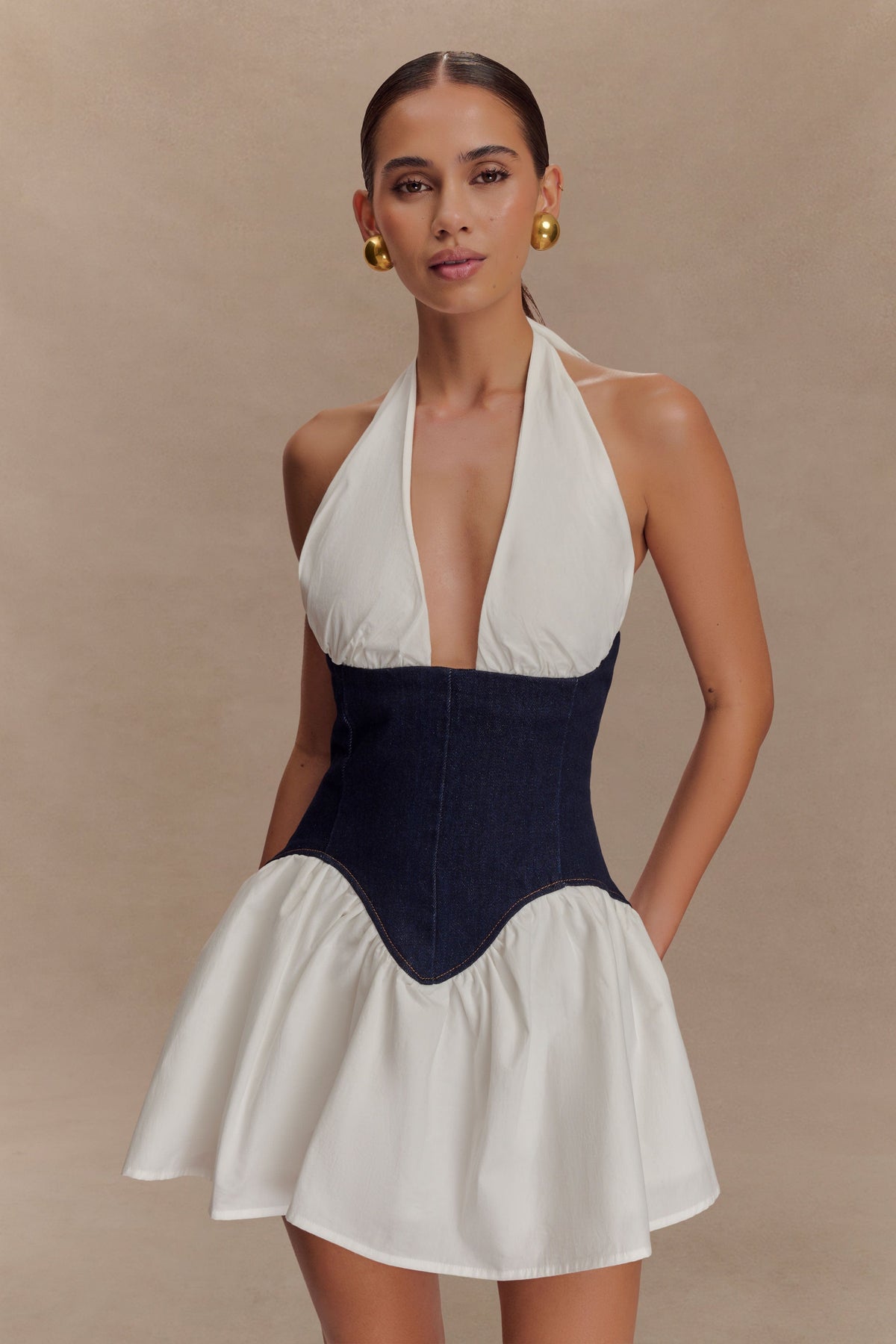 Halterneck Denim Mini Dress with an Open Back