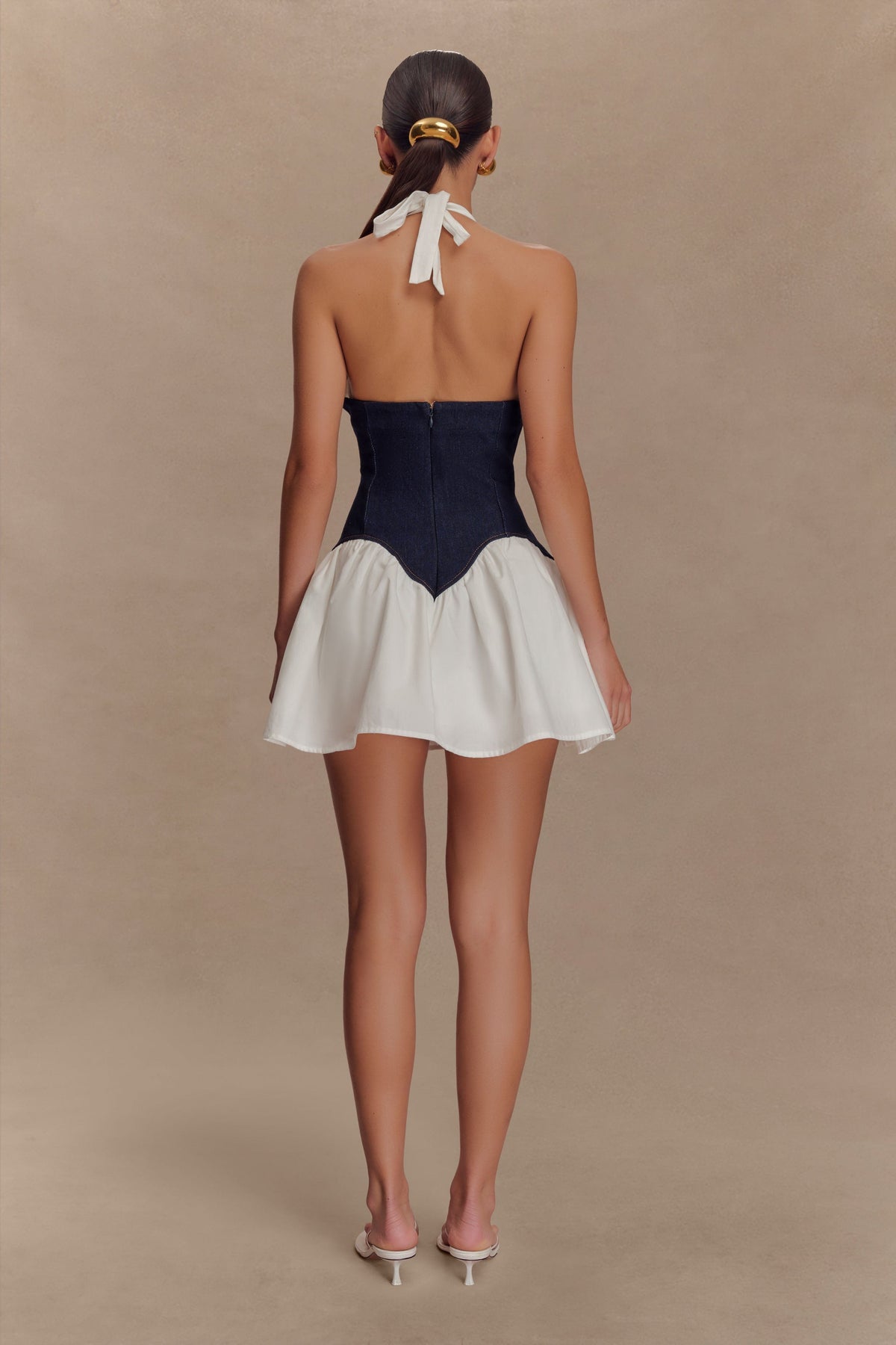 Halterneck Denim Mini Dress with an Open Back
