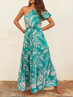 Botanical-Print Dress with an Off-Shoulder Neck
