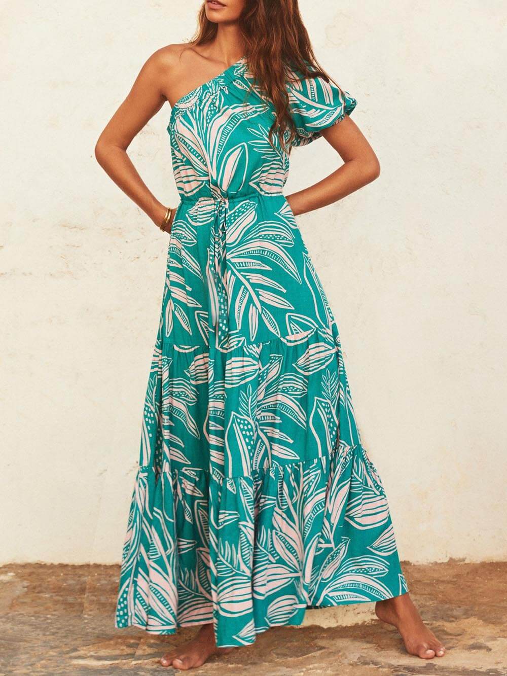 Botanical-Print Dress with an Off-Shoulder Neck