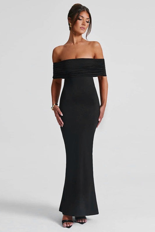 Solid Off Shoulder Ruched Formal Dress S / Black Main image