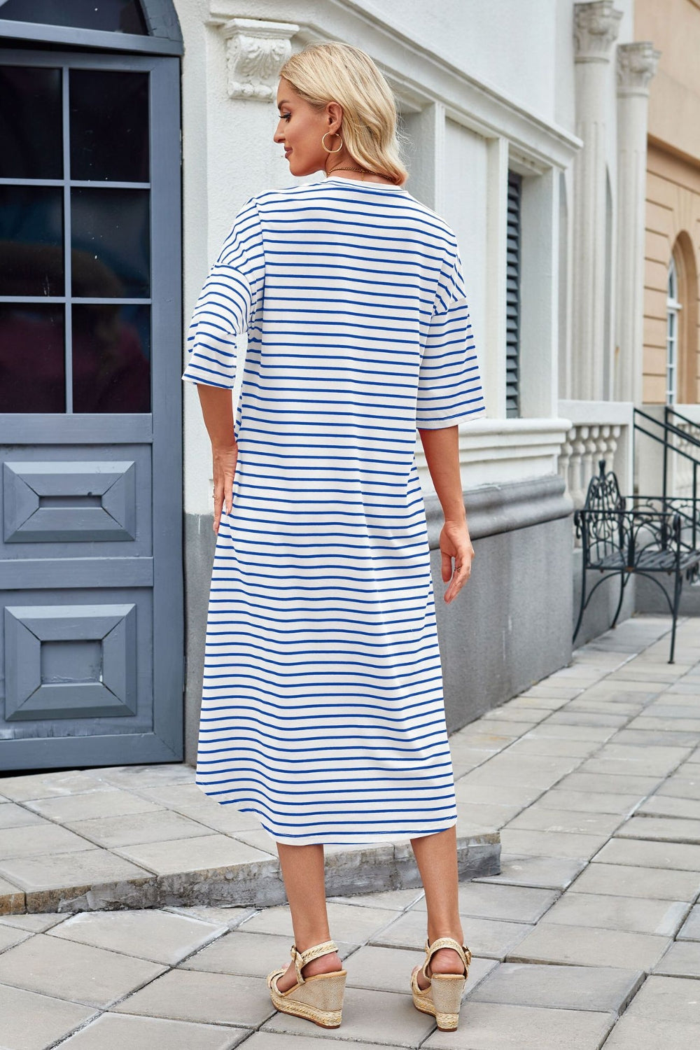 Striped Contrast-Detail Midi Dress with Pockets