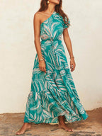 Botanical-Print Dress with an Off-Shoulder Neck