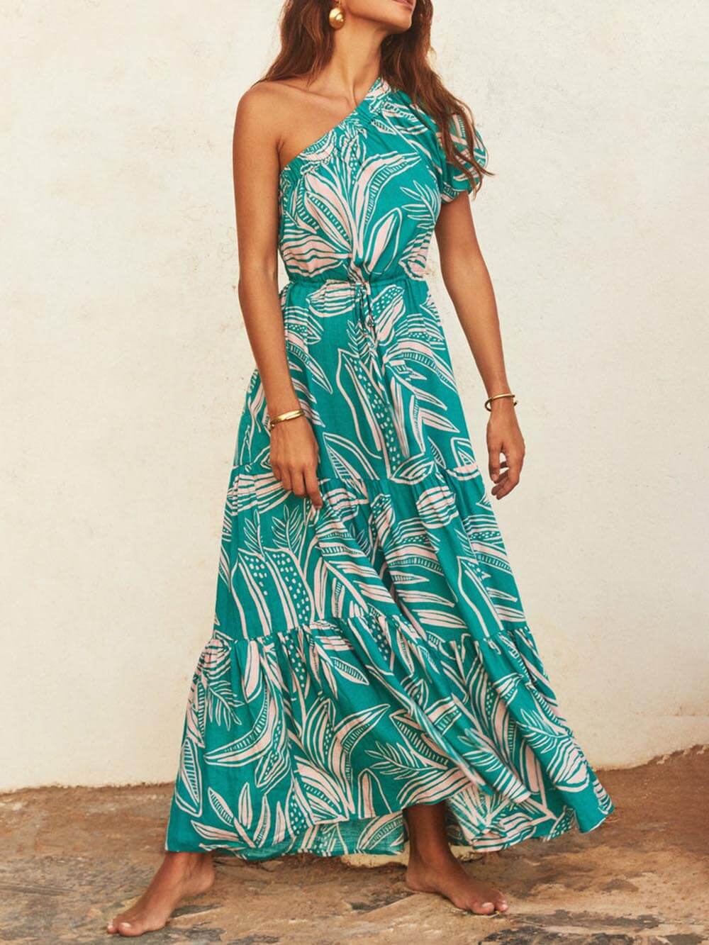 Botanical-Print Dress with an Off-Shoulder Neck