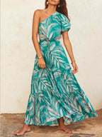 Botanical-Print Dress with an Off-Shoulder Neck