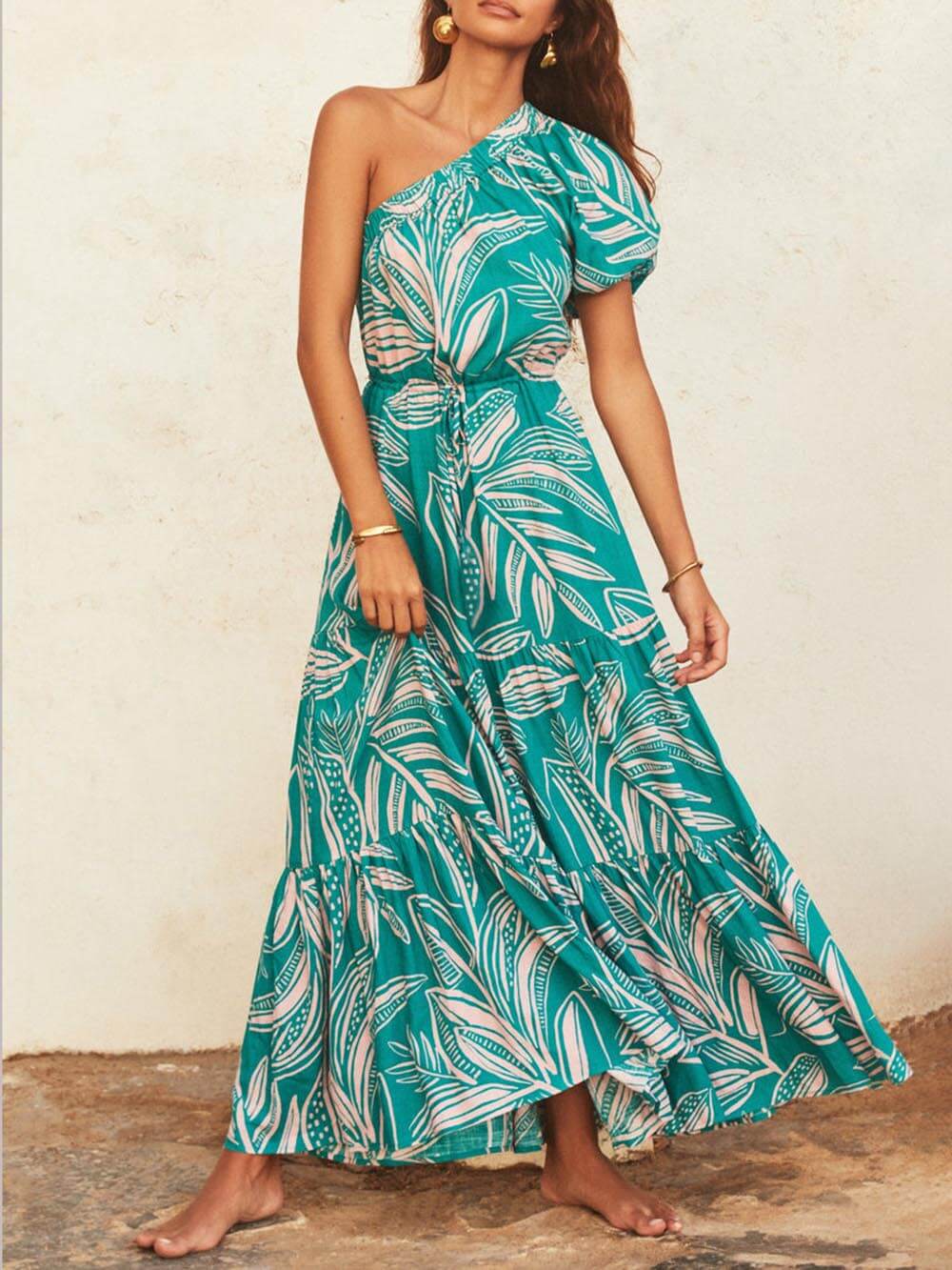 Botanical-Print Dress with an Off-Shoulder Neck