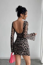 Leopard-Print Bell-Sleeve Open-Back Mini Dress