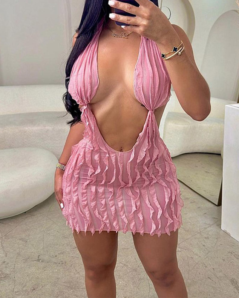 Bandage-Style Short-Sleeve Dress with Ruffle Details