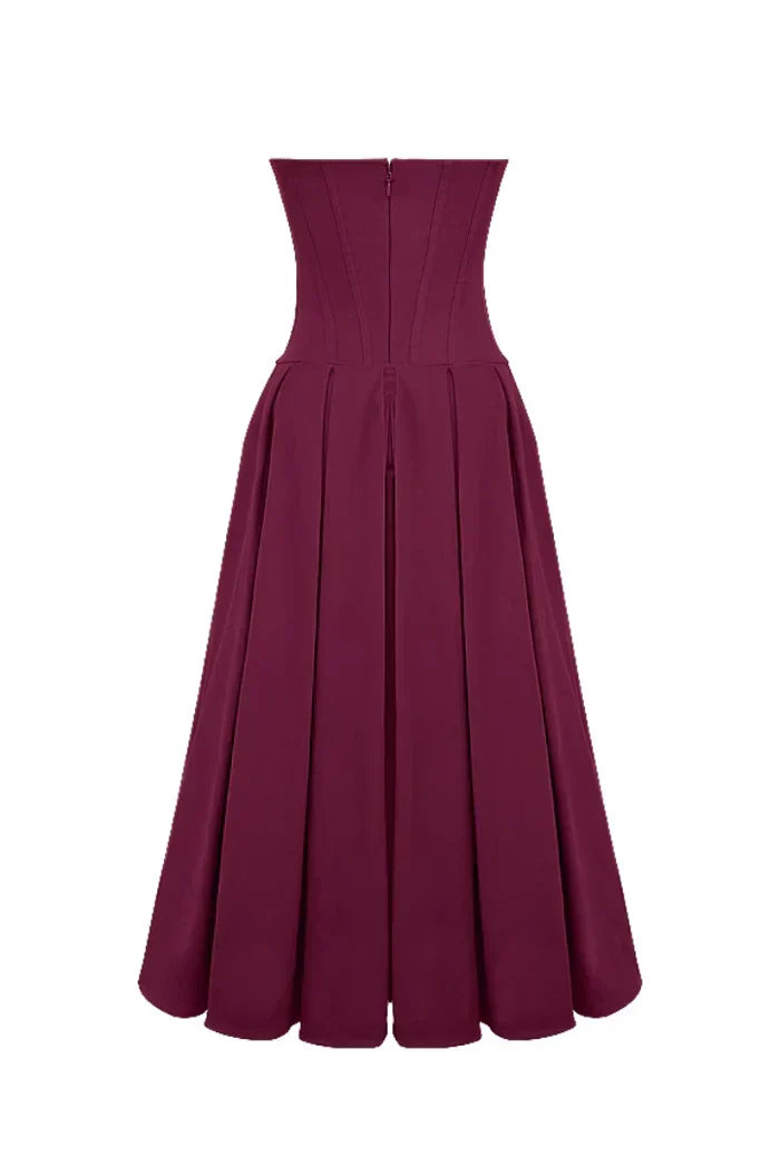 Corset-Style Pleated Midi Dress with an Off-Shoulder Neck