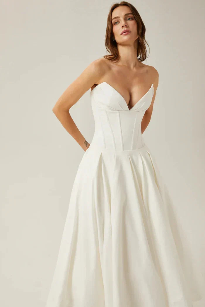 Corset-Style Pleated Midi Dress with an Off-Shoulder Neck