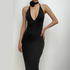 V-Neck Floral-Appliqué Maxi Dress with an Open Back