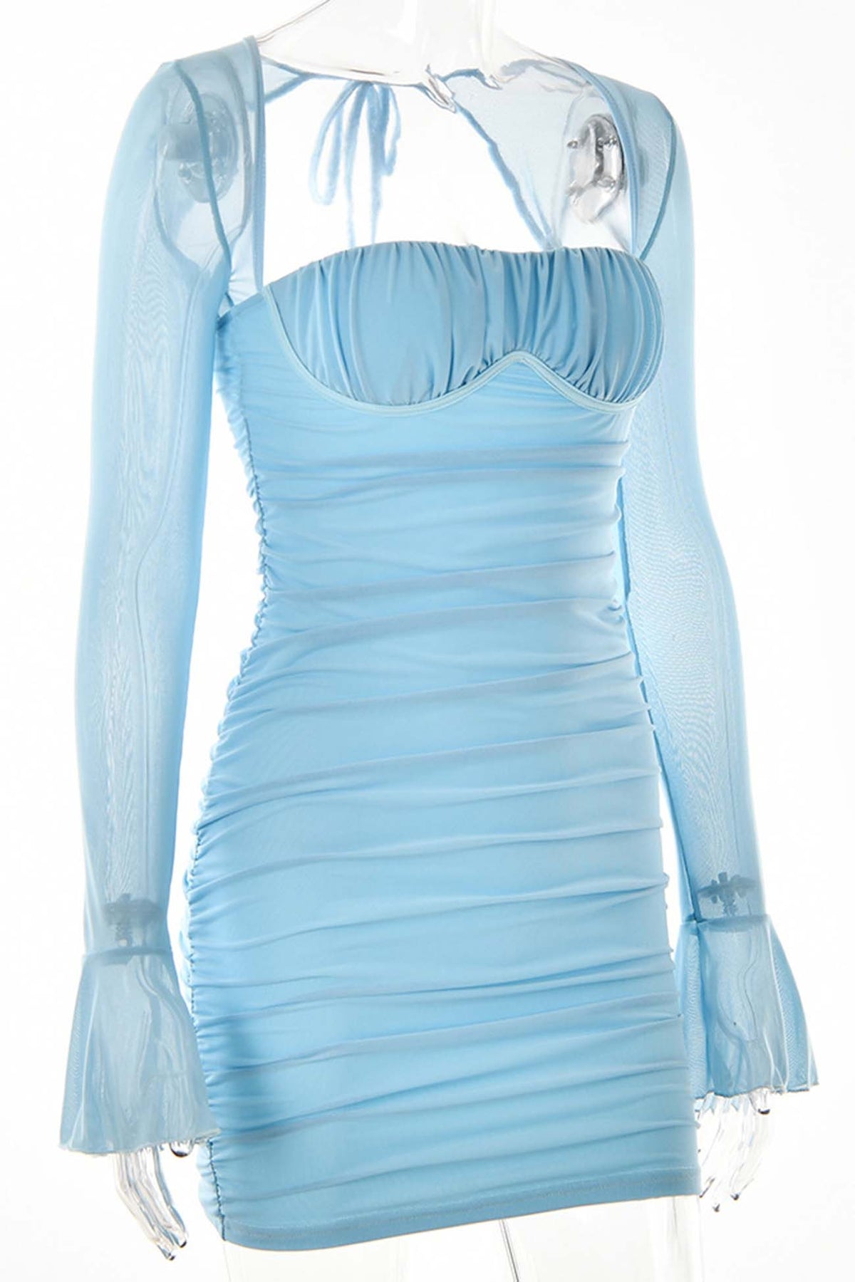Pleated Paneled Long-Sleeve Mini Dress