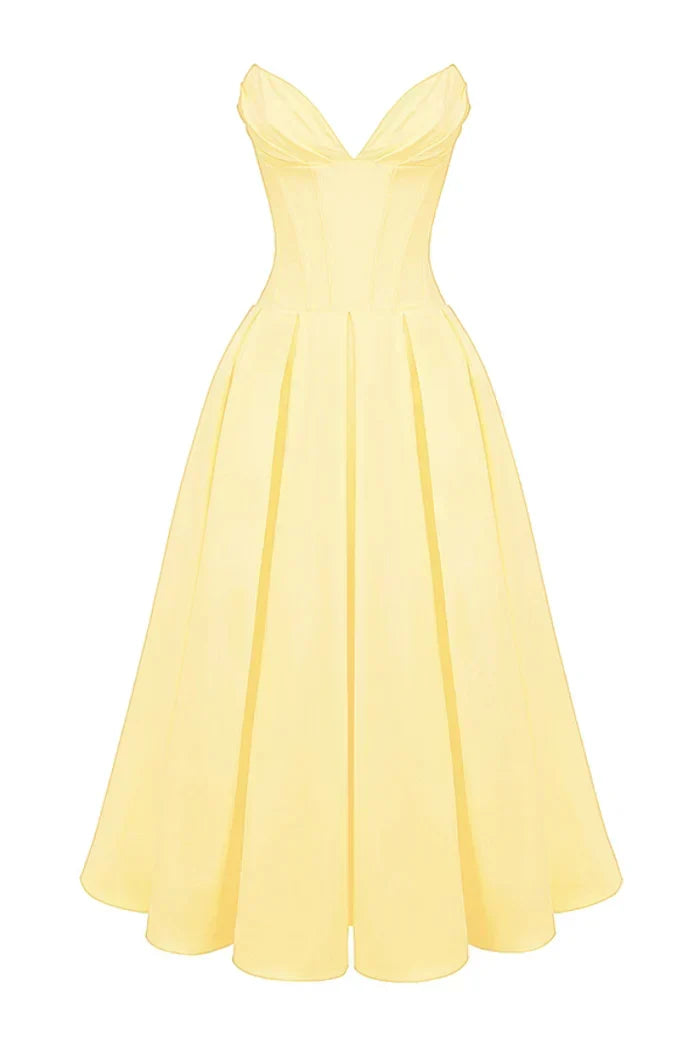 Corset-Style Pleated Midi Dress with an Off-Shoulder Neck