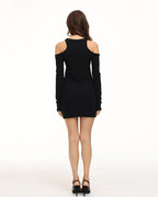 Halterneck Long-Sleeve Mini Dress with Cutout Details