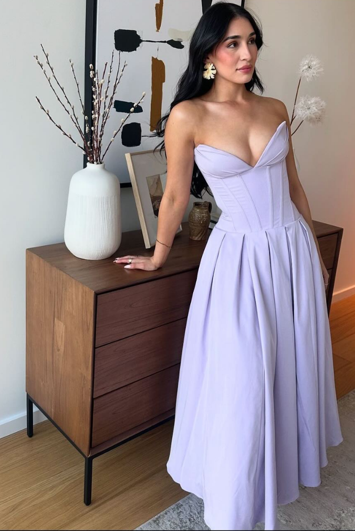 Corset-Style Pleated Midi Dress with an Off-Shoulder Neck