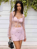 Sweetheart Neck Tie Front Top and Skirt Set Blush Pink B@H@S@D clothes sets Ship From Overseas skirt skirts