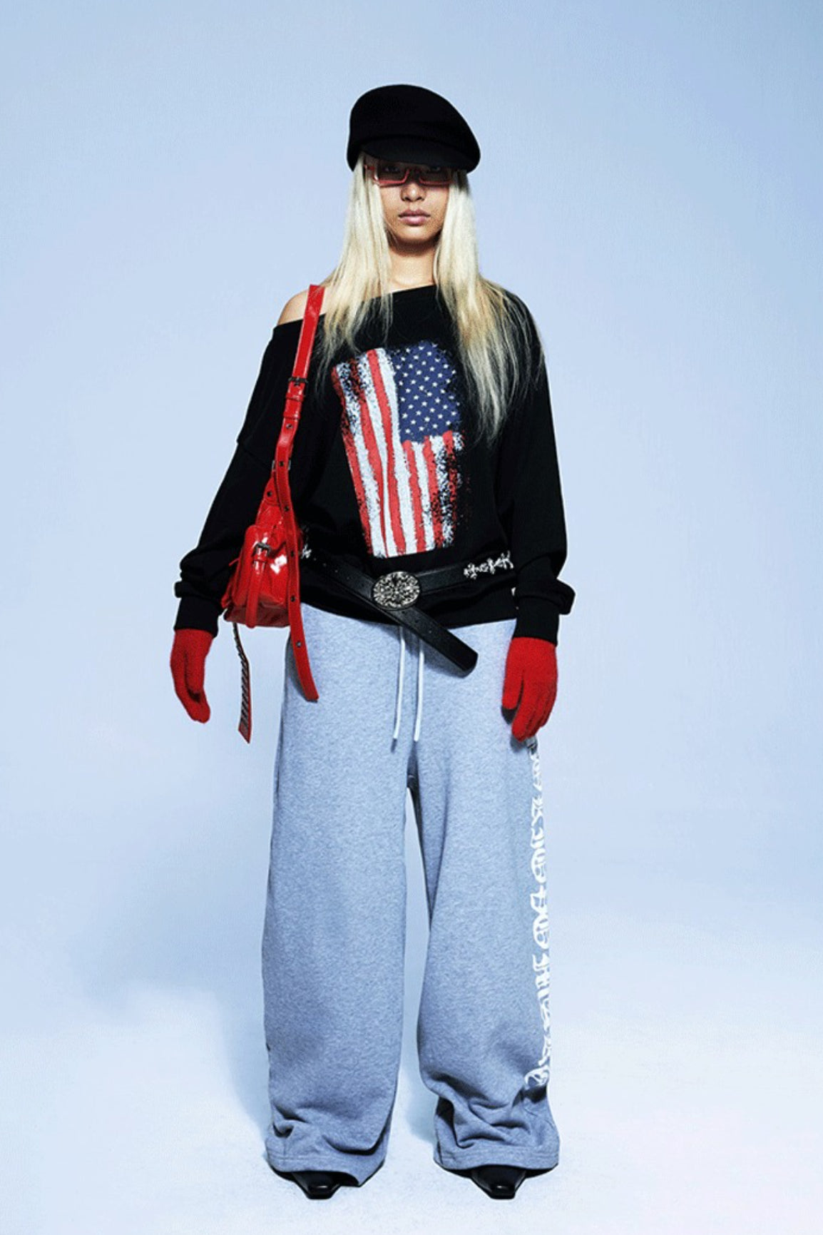 Off-Shoulder Flag-Graphic Distressed Tee