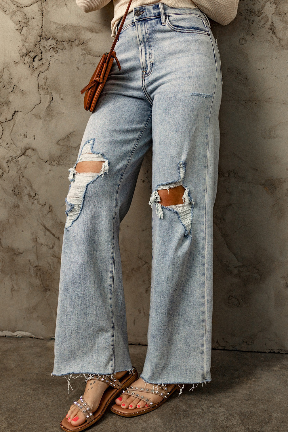 Blue Straight-Leg Relaxed-Fit Distressed Jeans with Raw-Edge Detail