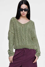 Cable-Knit Long-Sleeve Sweater with a V-Neck