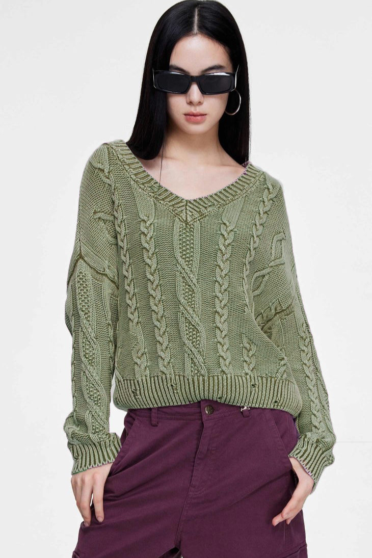 Cable-Knit Long-Sleeve Sweater with a V-Neck