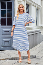 Striped Contrast-Detail Midi Dress with Pockets