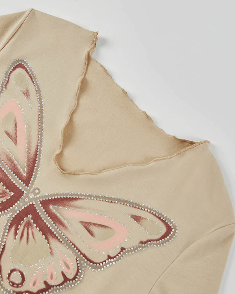Cropped Retro T-Shirt with Butterfly Details