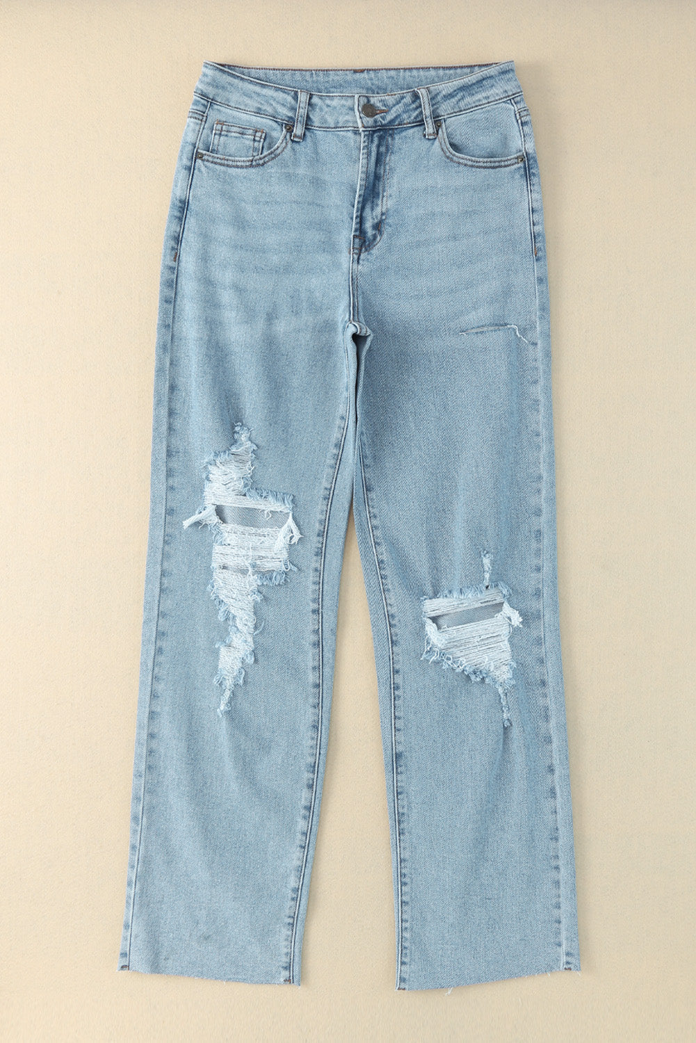Blue Straight-Leg Relaxed-Fit Distressed Jeans with Raw-Edge Detail