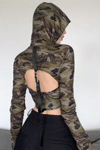 Camo-Print Hoodie with an Open Back