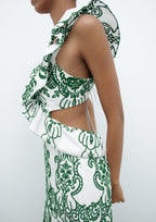 Plunging-V Ruffled Maxi Dress with an Open Back