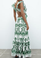 Plunging-V Ruffled Maxi Dress with an Open Back
