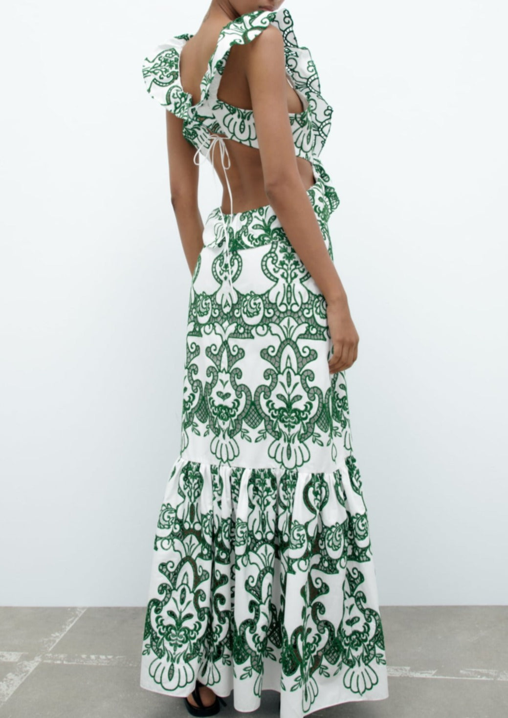 Plunging-V Ruffled Maxi Dress with an Open Back