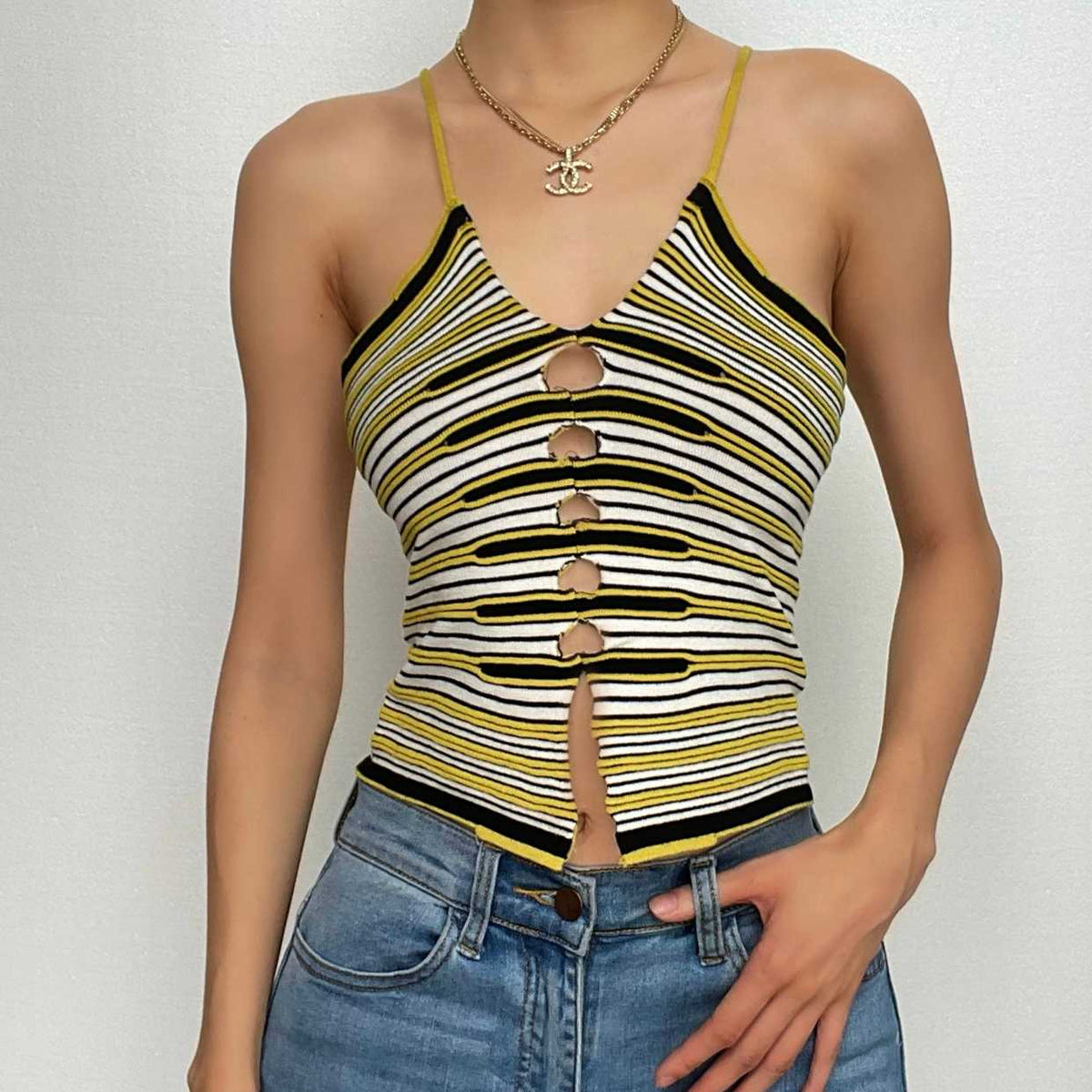 Striped Knit Strappy Cami Top with Cutout Details