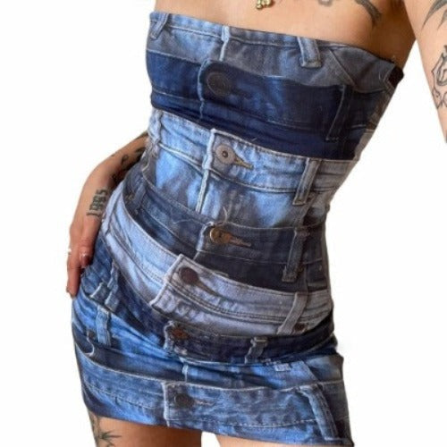 Denim Strappy Printed Dress