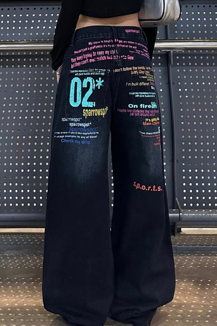 Lettered Wide-Leg Denim Jeans